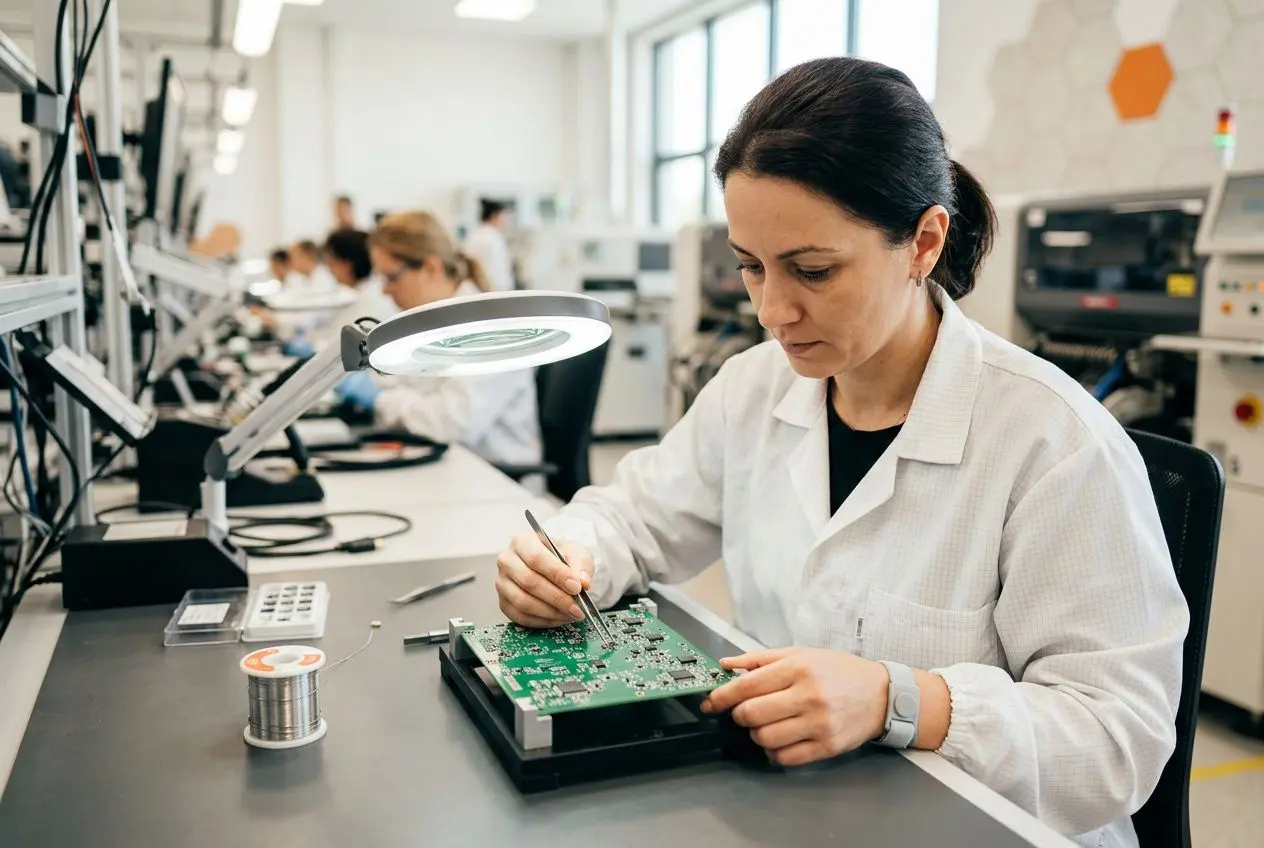 Agent technique en électronique travaillant sur un circuit imprimé sous lampe de précision, dans un atelier de fabrication. Interim electronique roumanie est évoqué.