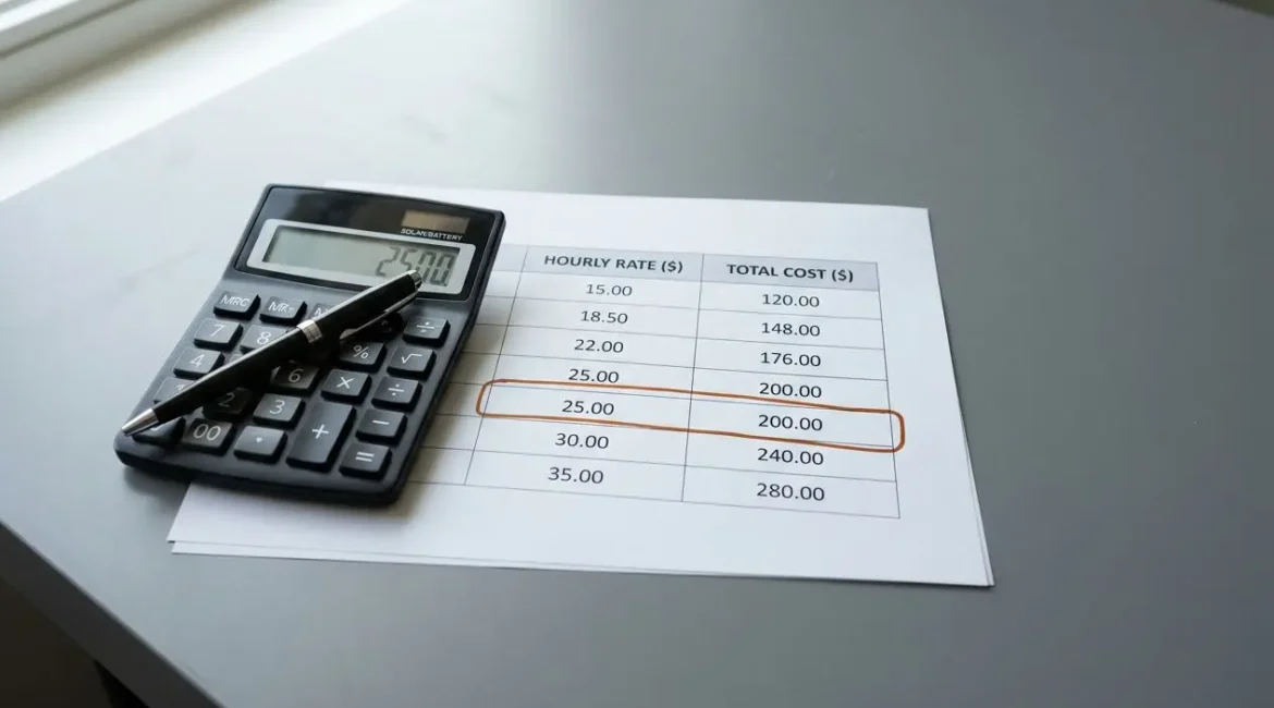 Calculatrice et fiche de coût du travail intérimaire sur une table, avec valeur 25$ et total 200$, illustrant le coût d'un intérimaire pour une entreprise.
