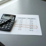 Calculatrice et fiche de coût du travail intérimaire sur une table, avec valeur 25$ et total 200$, illustrant le coût d'un intérimaire pour une entreprise.