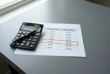 Calculatrice et fiche de coût du travail intérimaire sur une table, avec valeur 25$ et total 200$, illustrant le coût d'un intérimaire pour une entreprise.