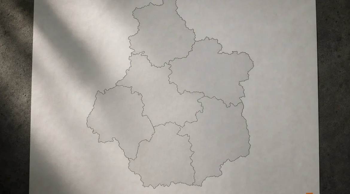 Carte du Centre-Val de Loire avec ses départements, vue monochrome et petit carré orange en bas à droite. Métiers en tension centre-val de loire 2025.