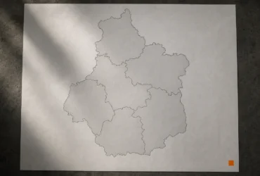 Carte du Centre-Val de Loire avec ses départements, vue monochrome et petit carré orange en bas à droite. Métiers en tension centre-val de loire 2025.