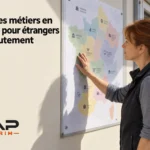 Carte interactive montrant une femme consultant une carte des métiers en tension par région.