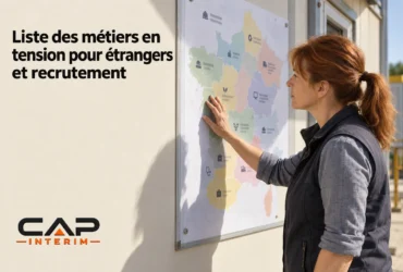 Carte interactive montrant une femme consultant une carte des métiers en tension par région.