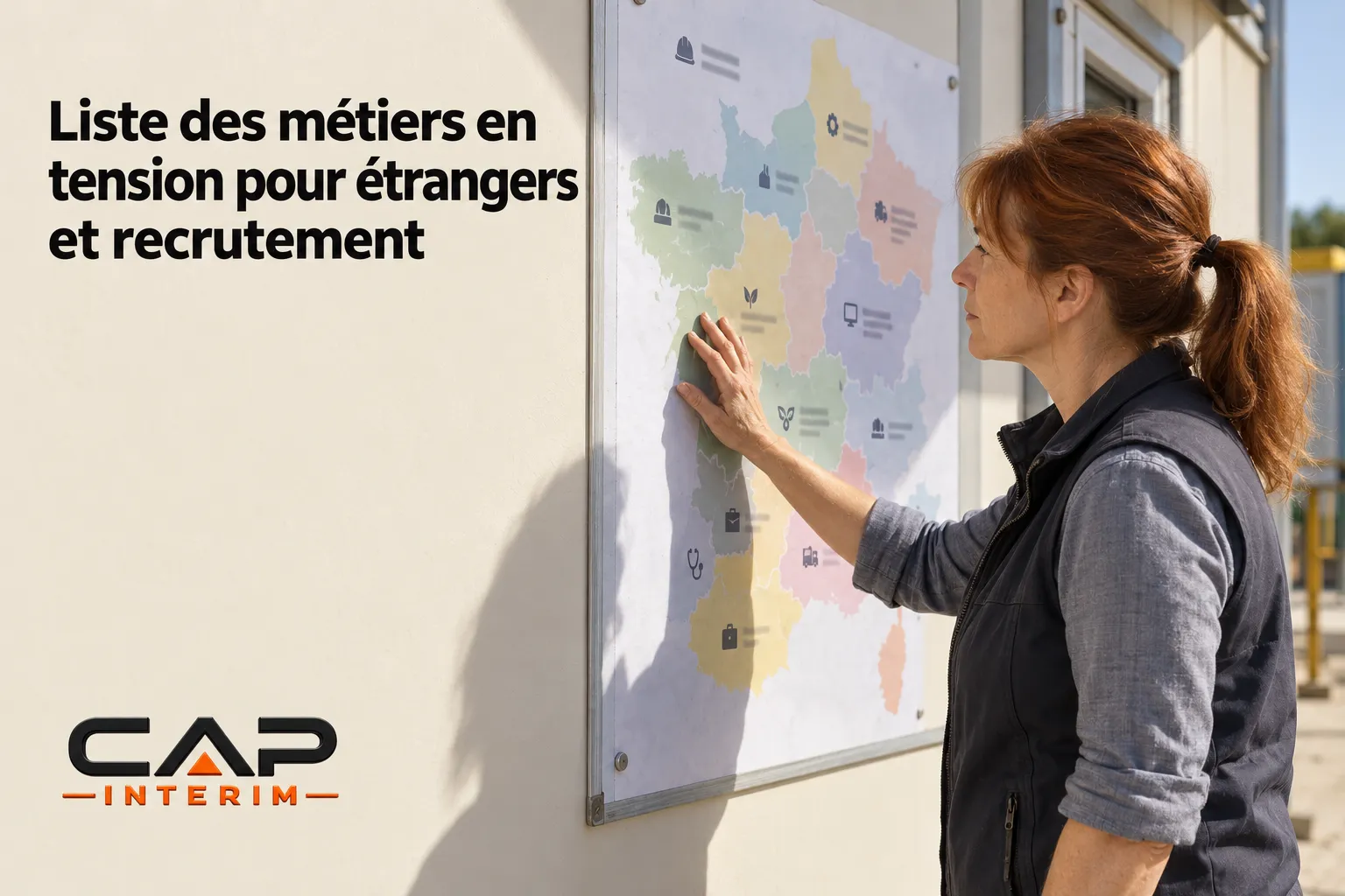 Carte interactive montrant une femme consultant une carte des métiers en tension par région.