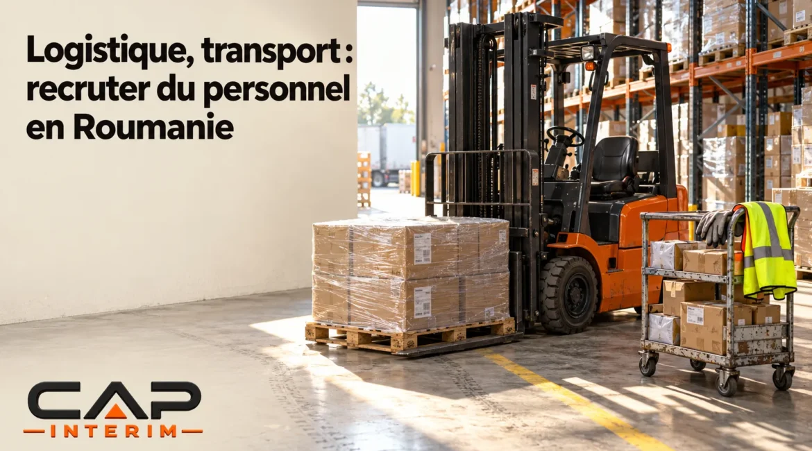 Un chariot élévateur se tient dans un entrepôt, près de palettes de cartons et d’un chariot de manutention.