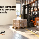 Un chariot élévateur se tient dans un entrepôt, près de palettes de cartons et d’un chariot de manutention.