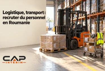 Un chariot élévateur se tient dans un entrepôt, près de palettes de cartons et d’un chariot de manutention.