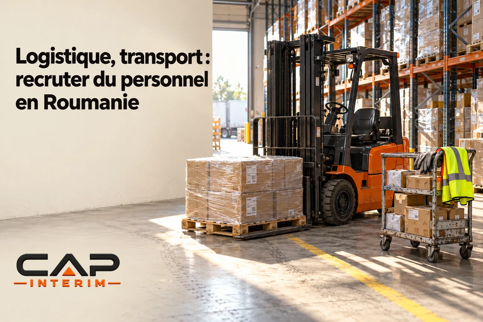Un chariot élévateur se tient dans un entrepôt, près de palettes de cartons et d’un chariot de manutention.