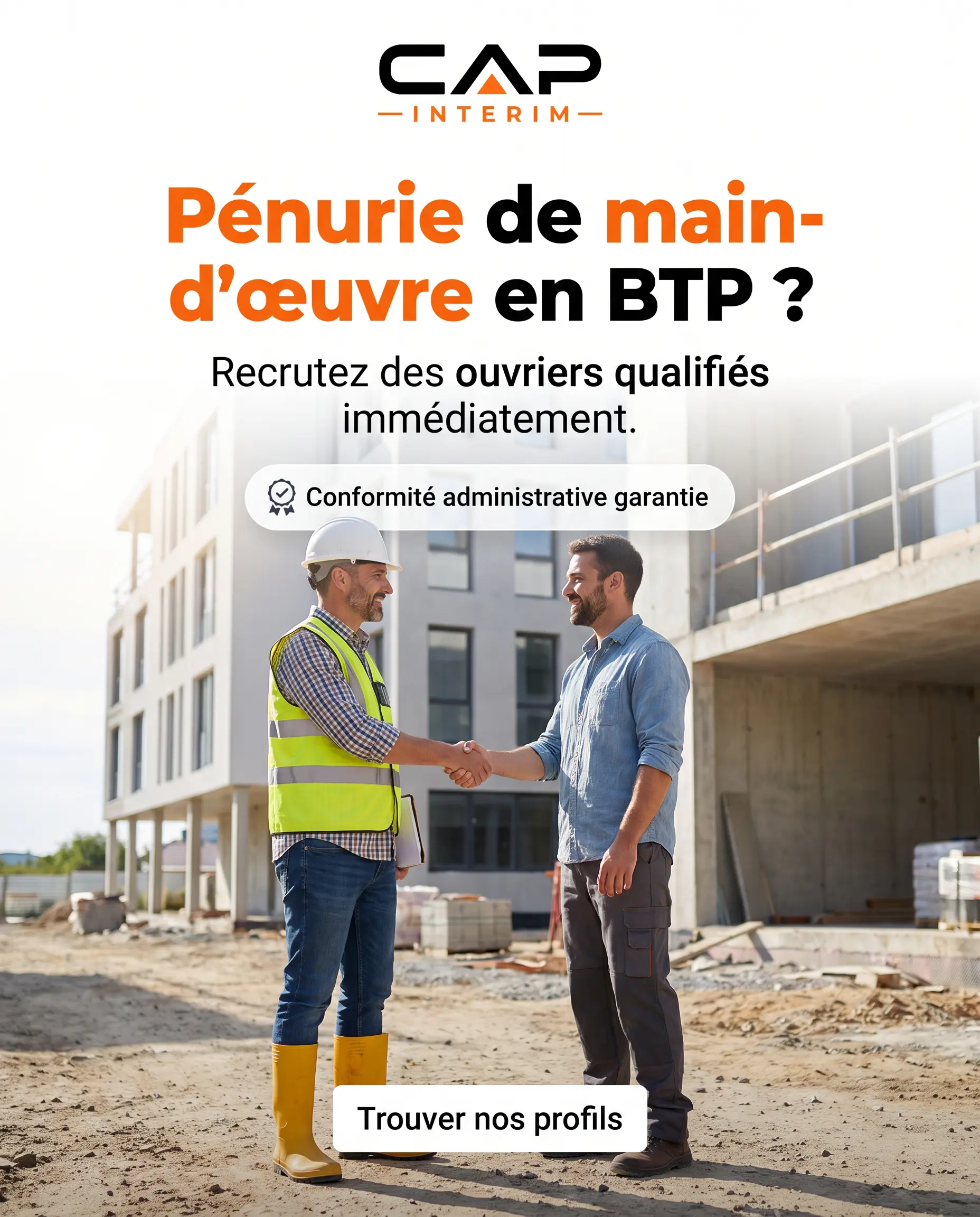 Chef de chantier et responsable serrant la main devant un bâtiment en construction, visuel CAP Interim sur le recrutement d'ouvriers qualifiés en BTP
