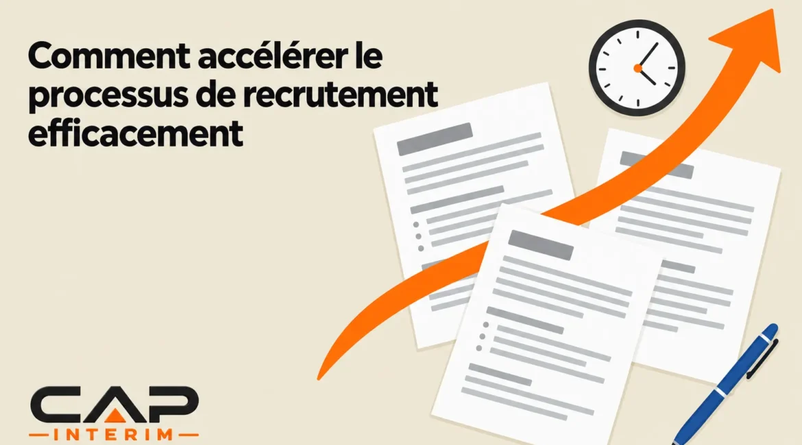 Comment accélérer le processus de recrutement avec fiches de poste, sourcing ciblé et outils ATS, illustré par des documents et une flèche ascendante.