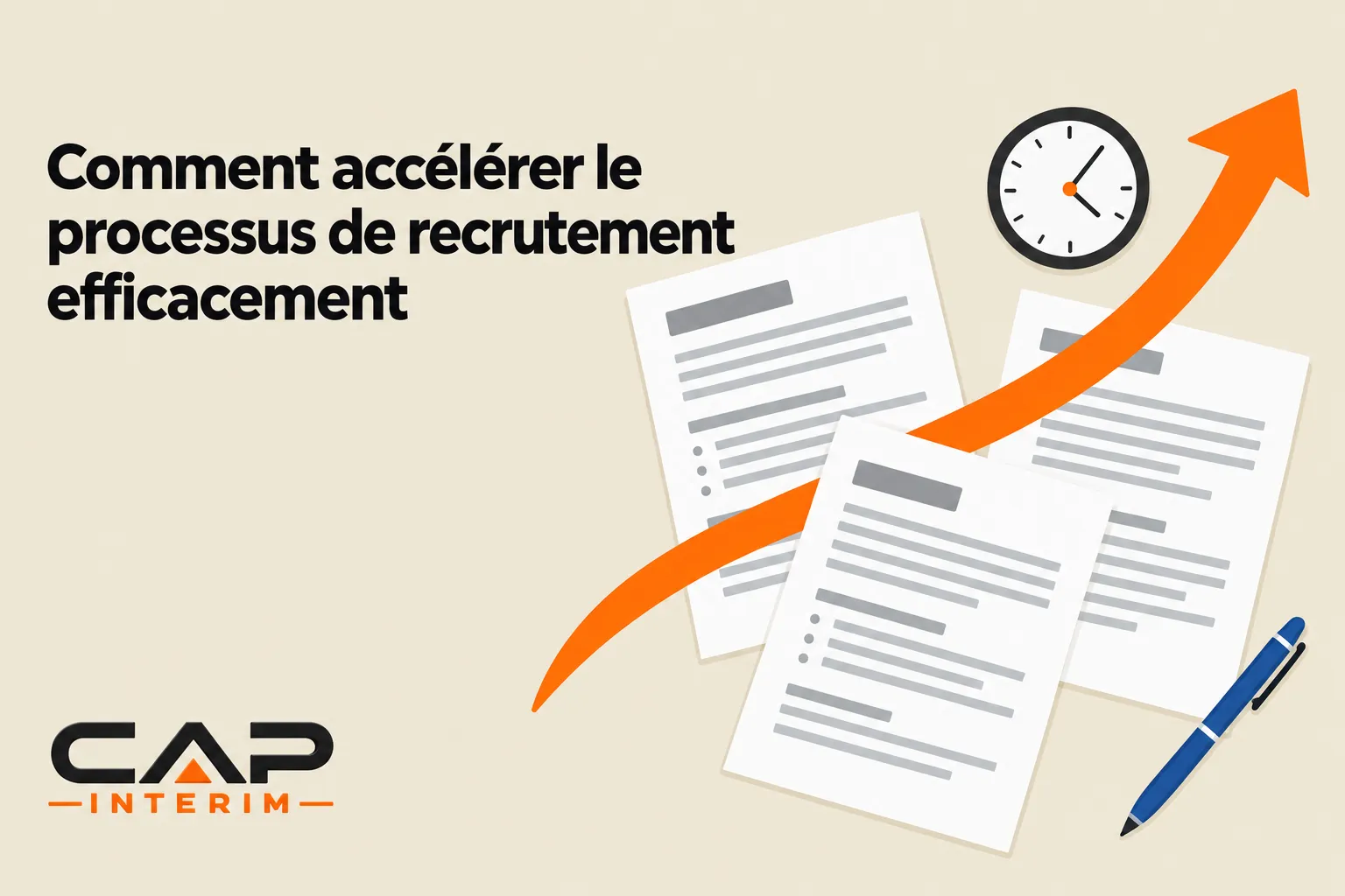 Comment accélérer le processus de recrutement avec fiches de poste, sourcing ciblé et outils ATS, illustré par des documents et une flèche ascendante.