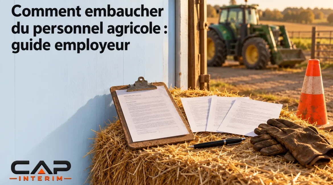 Contrat et documents de travail posés sur une bottes de foin près d’un tracteur et d’un cône orange.