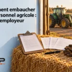 Contrat et documents de travail posés sur une bottes de foin près d’un tracteur et d’un cône orange.