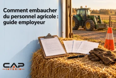 Contrat et documents de travail posés sur une bottes de foin près d’un tracteur et d’un cône orange.