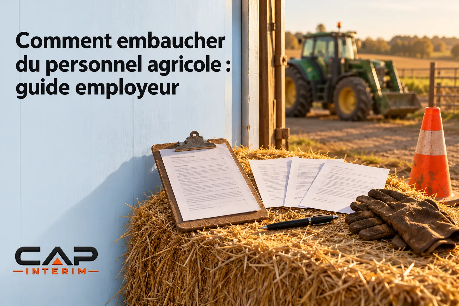Contrat et documents de travail posés sur une bottes de foin près d’un tracteur et d’un cône orange.