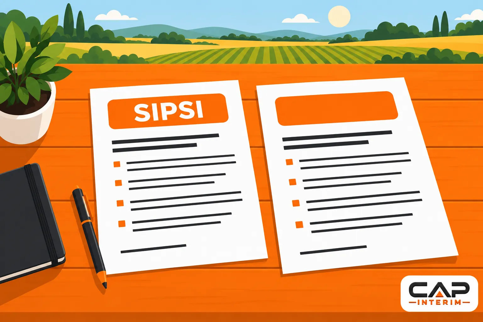 Deux documents intitulés SIPS I posés sur une table en bois avec un carnet et un stylo à côté, dans un paysage rural.