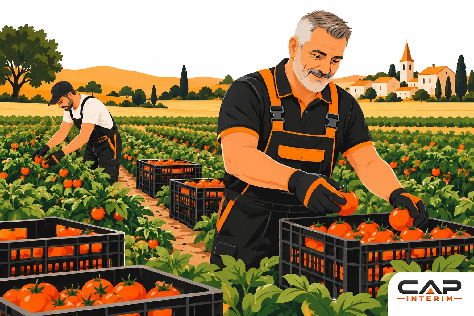 Deux ouvriers agricoles récoltant des tomates dans un champ, avec des caisses pleines près d’eux.