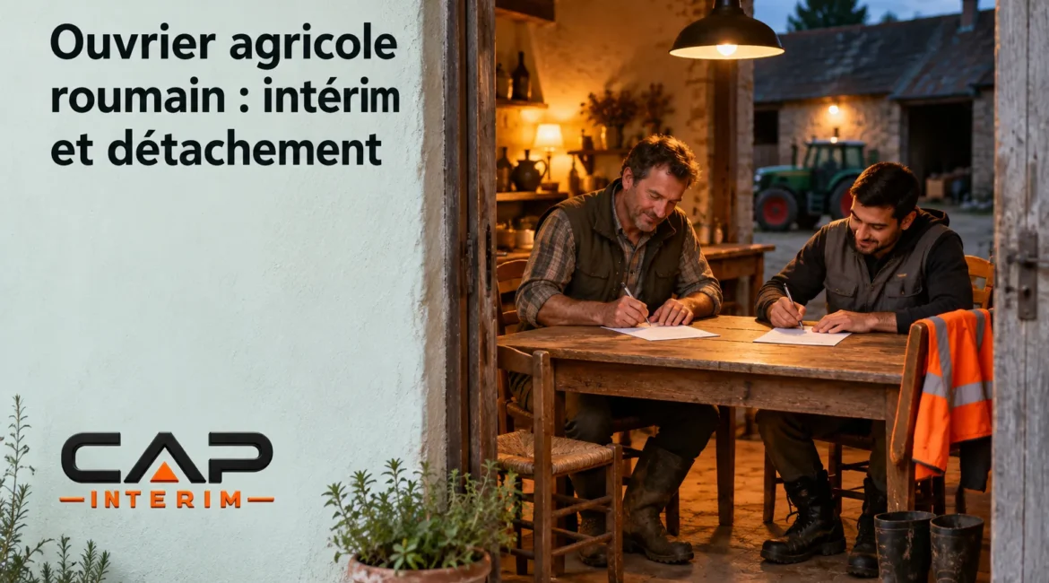 Deux ouvriers agricoles roumains assis à une table à l’intérieur d’une ferme, en train de signer des documents.