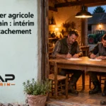 Deux ouvriers agricoles roumains assis à une table à l’intérieur d’une ferme, en train de signer des documents.