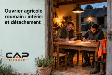 Deux ouvriers agricoles roumains assis à une table à l’intérieur d’une ferme, en train de signer des documents.