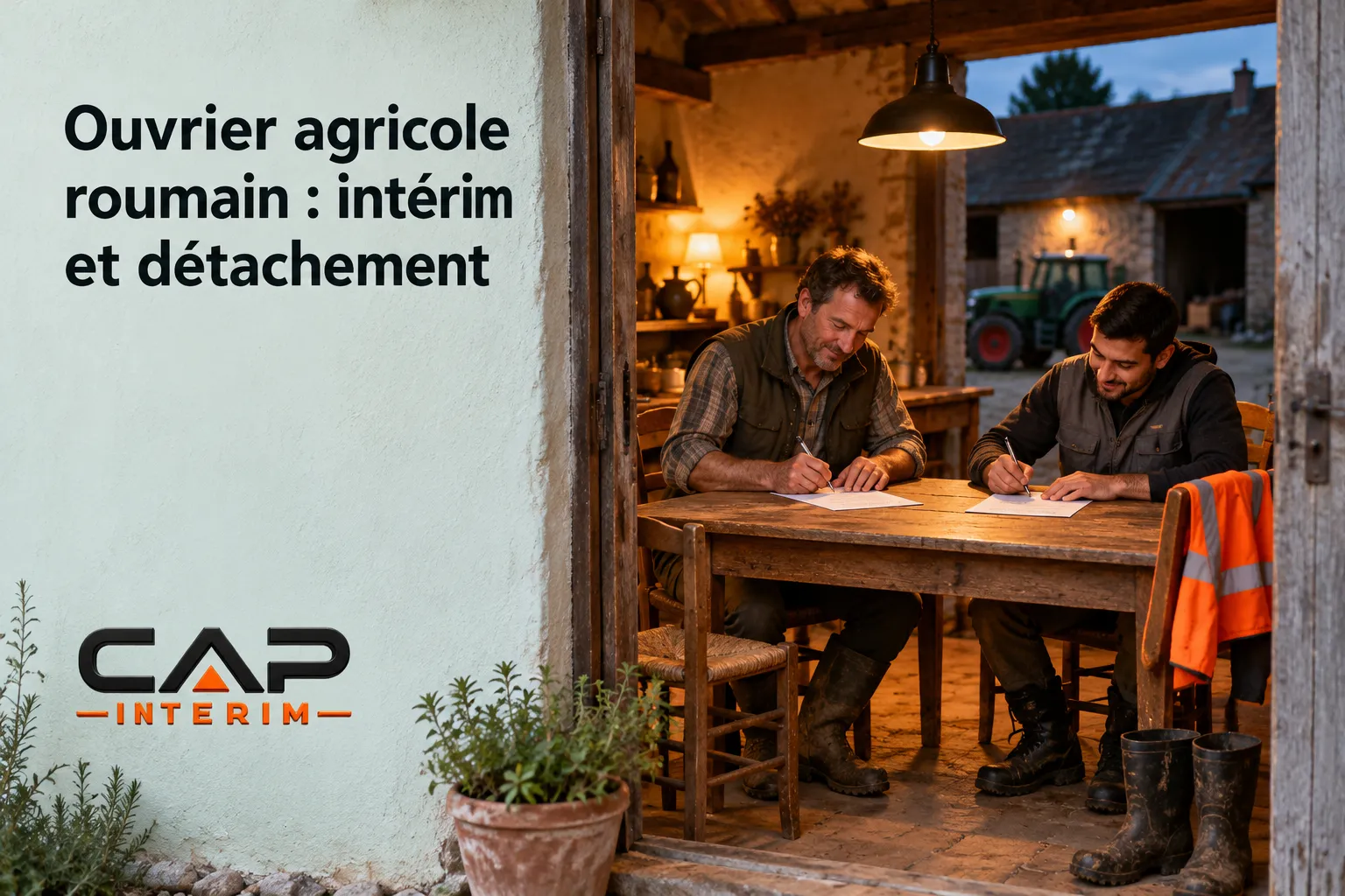 Deux ouvriers agricoles roumains assis à une table à l’intérieur d’une ferme, en train de signer des documents.
