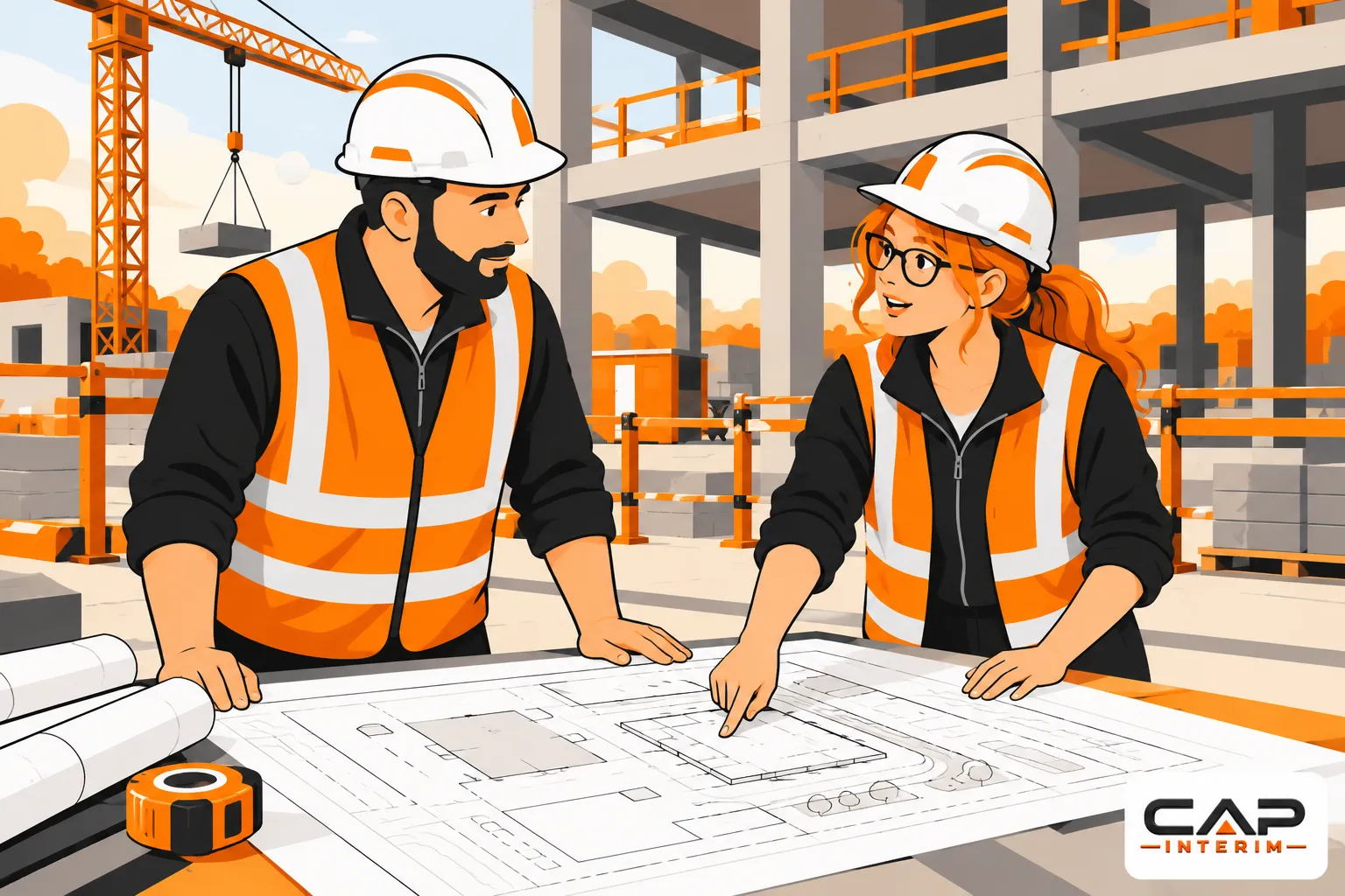 Deux ouvriers portant casques et gilets réfléchissants consultent des plans sur un chantier de construction.