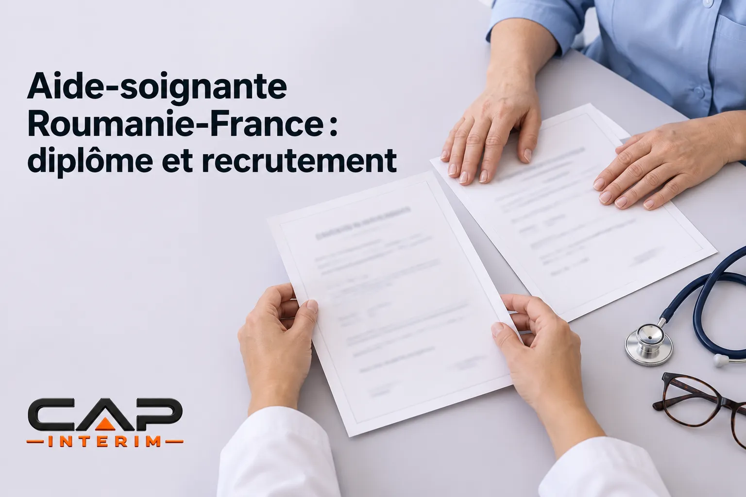 Deux personnes examinent des documents médicaux sur une table, avec un stéthoscope posé à côté.
