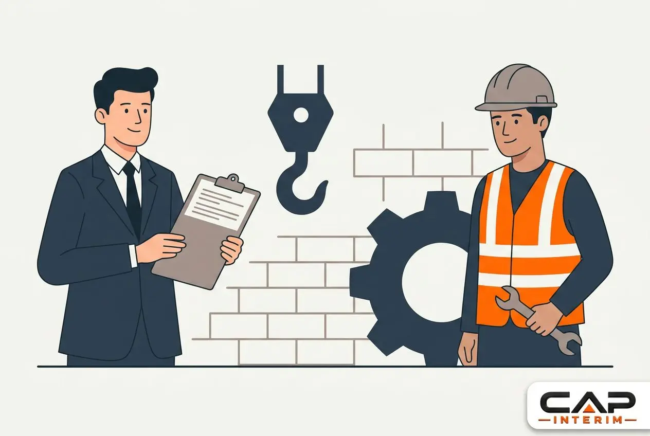 Deux professionnels sur un chantier : un homme en costume tient un clipboard, un ouvrier en casque et gilet orange tient une clé et se tient près d’un mur de briques et d’une roue dentée. Intègre le mot clé : comment recruter ouvriers BTP.