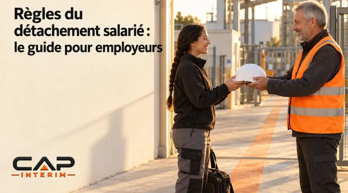 Deux professionnels échangent une handshake près d’un site industriel, l’un remet un casque au personnel.