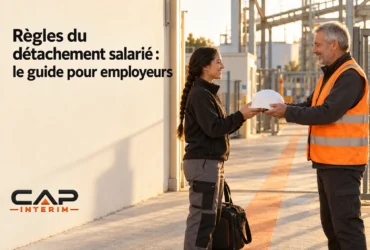Deux professionnels échangent une handshake près d’un site industriel, l’un remet un casque au personnel.