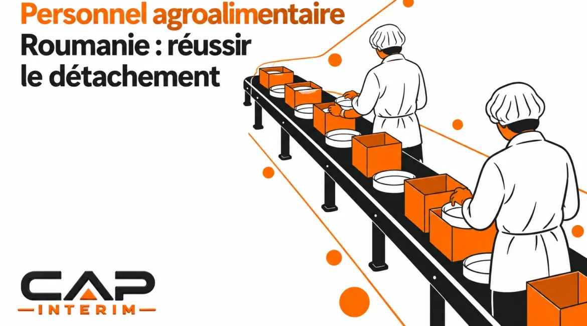 Deux travailleurs en tenue sanitaire marchant le long d'une chaîne de production avec des boîtes oranges sur un convoyeur.
