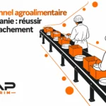 Deux travailleurs en tenue sanitaire marchant le long d'une chaîne de production avec des boîtes oranges sur un convoyeur.