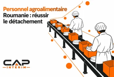 Deux travailleurs en tenue sanitaire marchant le long d'une chaîne de production avec des boîtes oranges sur un convoyeur.