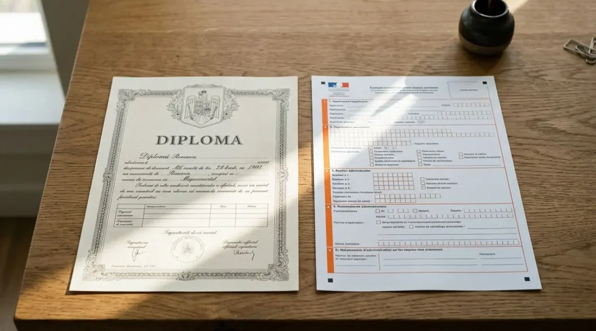 Diplôme roumain posé à gauche sur une table avec un formulaire à droite, prêts pour une demande de reconnaissance du diplôme roumain en France.