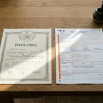 Diplôme roumain posé à gauche sur une table avec un formulaire à droite, prêts pour une demande de reconnaissance du diplôme roumain en France.