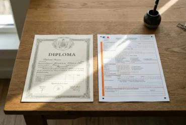 Diplôme roumain posé à gauche sur une table avec un formulaire à droite, prêts pour une demande de reconnaissance du diplôme roumain en France.