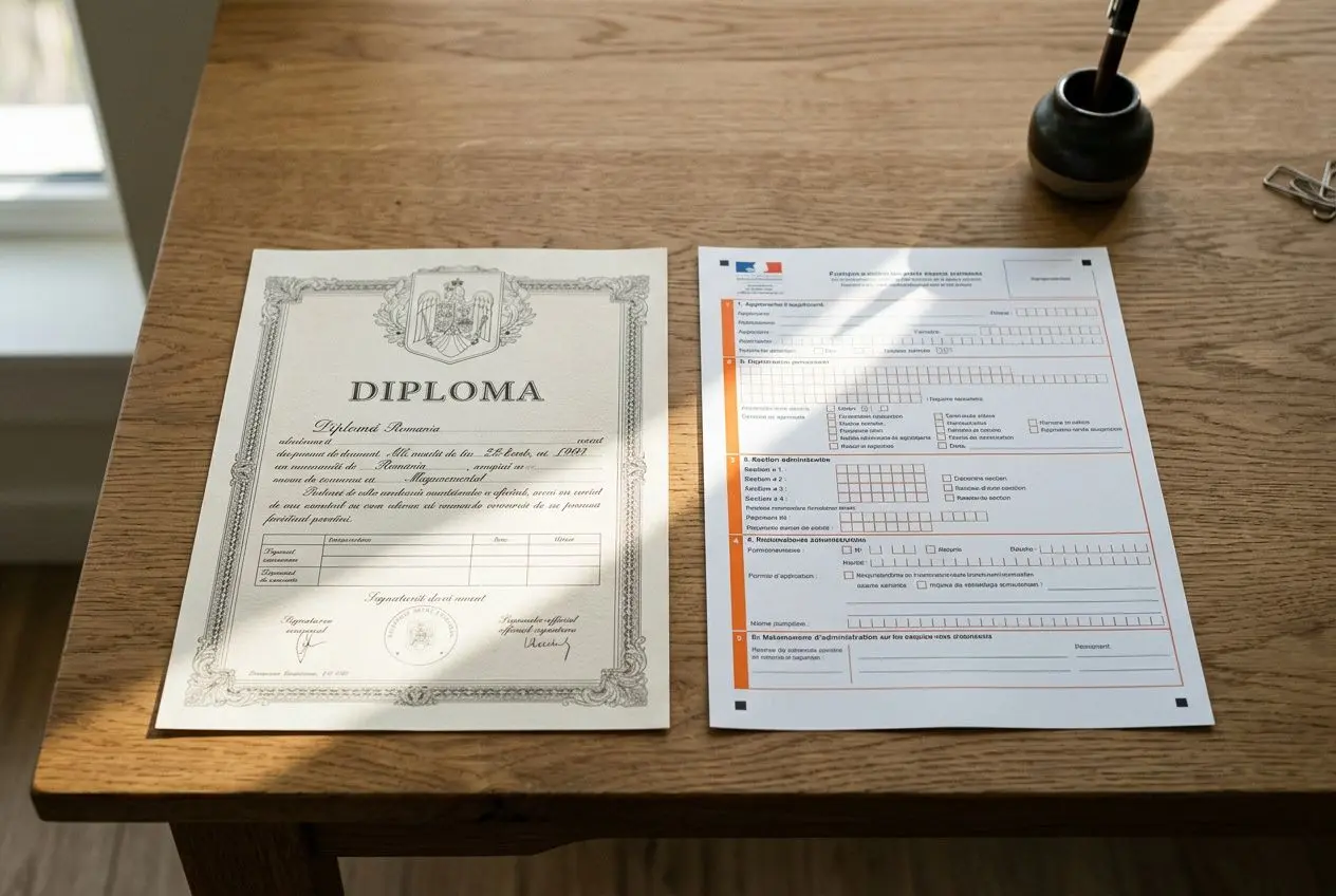Diplôme roumain posé à gauche sur une table avec un formulaire à droite, prêts pour une demande de reconnaissance du diplôme roumain en France.