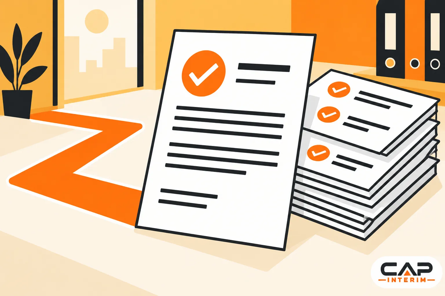 Document avec une grande page et des piles de copies, sur fond orange et blanc.