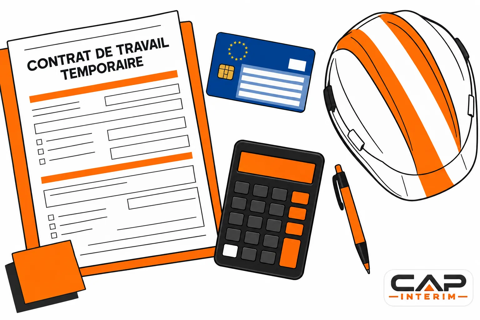 Un ensemble d’outils professionnels: un contrat de travail temporaire posé à côté d’une calculatrice, d’une carte bancaire