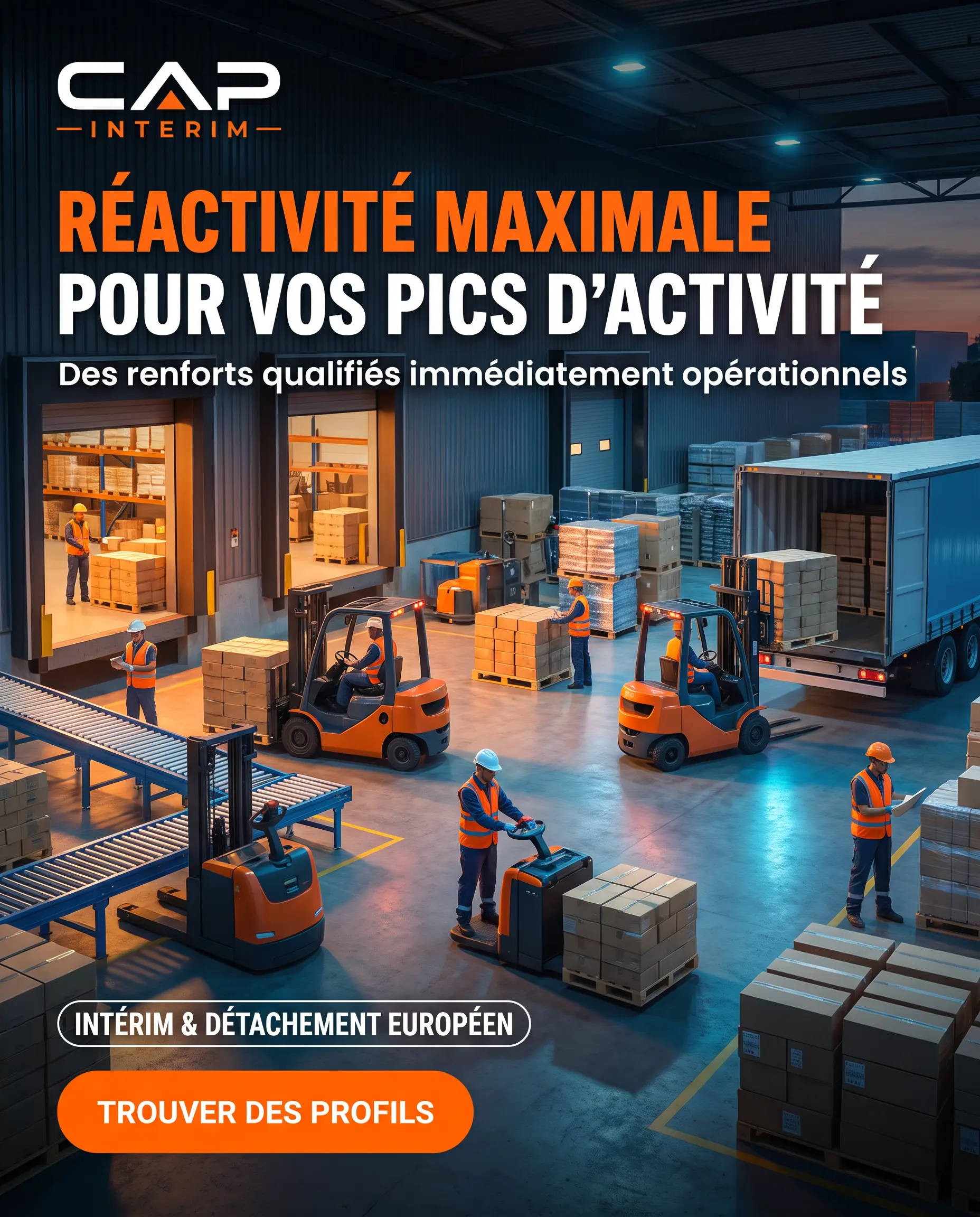 Entrepôt logistique avec caristes sur chariots élévateurs et manutentionnaires préparant des palettes, visuel CAP Interim sur les renforts en logistique