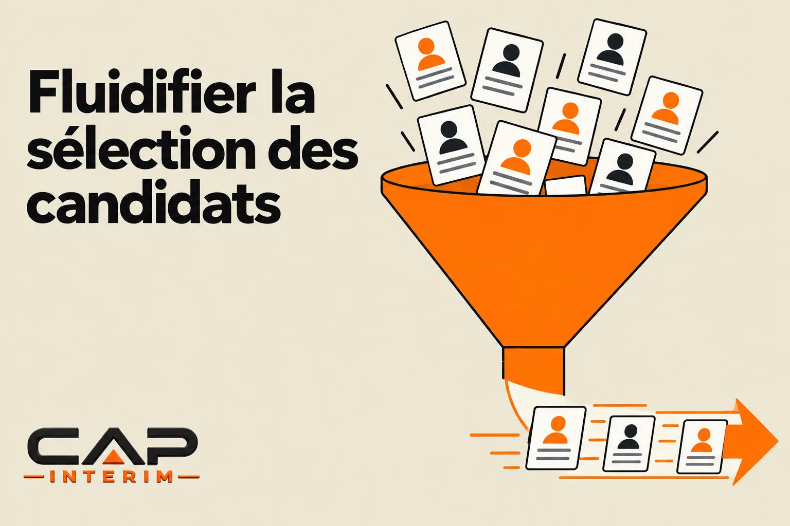Flux de candidatures filtrées: CVs tombant d'un entonnoir orange, symbolisant l'accélération du processus de recrutement.