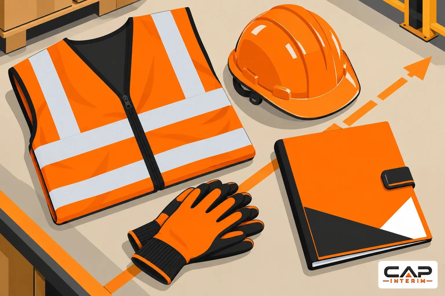 Un gilet de sécurité, un casque, des gants et un dossier sont posés sur une table.