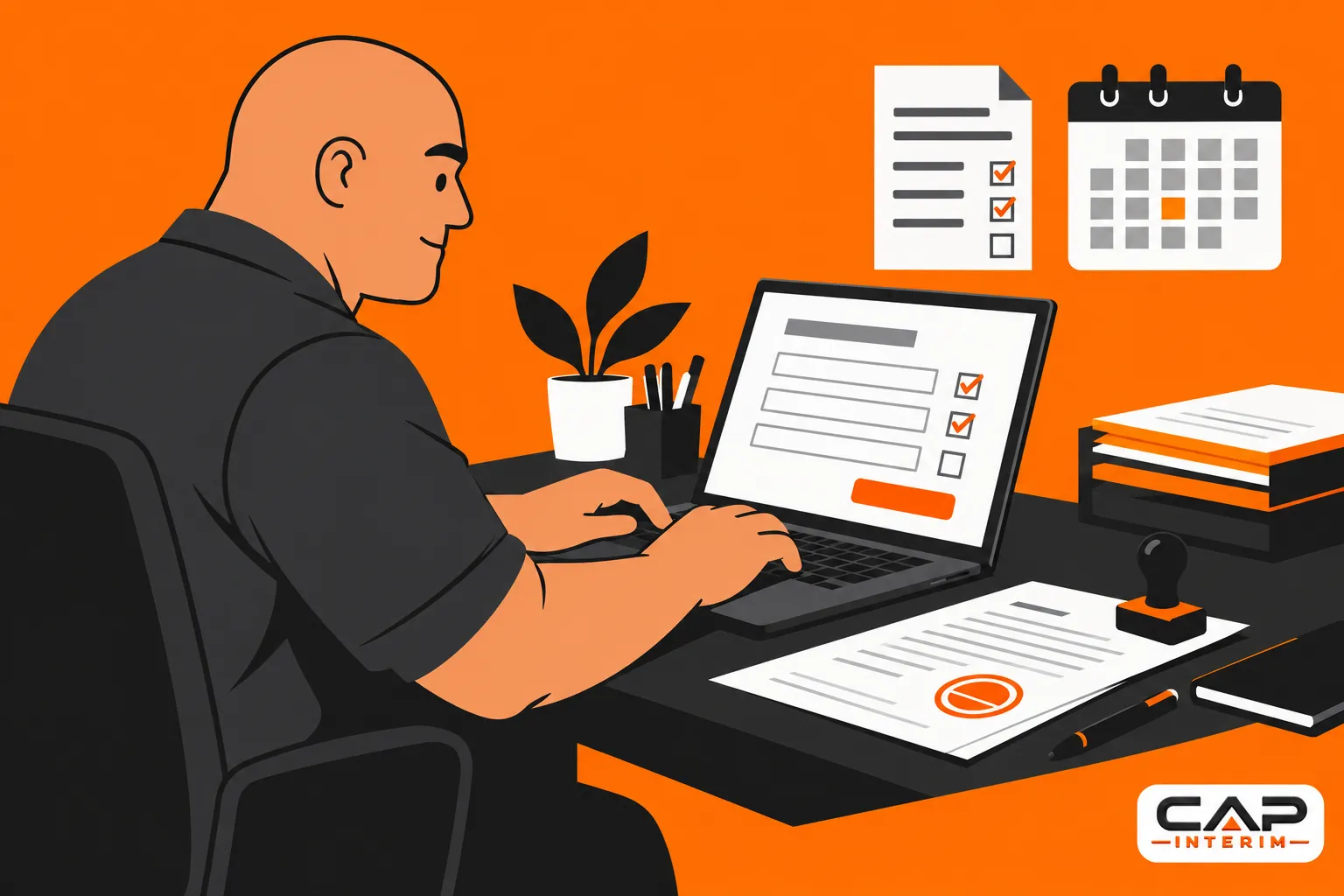 Un homme assis à son bureau travaille sur un ordinateur portable avec des documents et des notes devant lui.