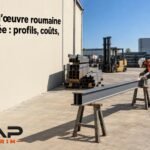 Homme en vêtement de travail et casque orange, droit sur une pièce métallique posée sur des tréteaux dans une zone de