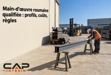 Homme en vêtement de travail et casque orange, droit sur une pièce métallique posée sur des tréteaux dans une zone de