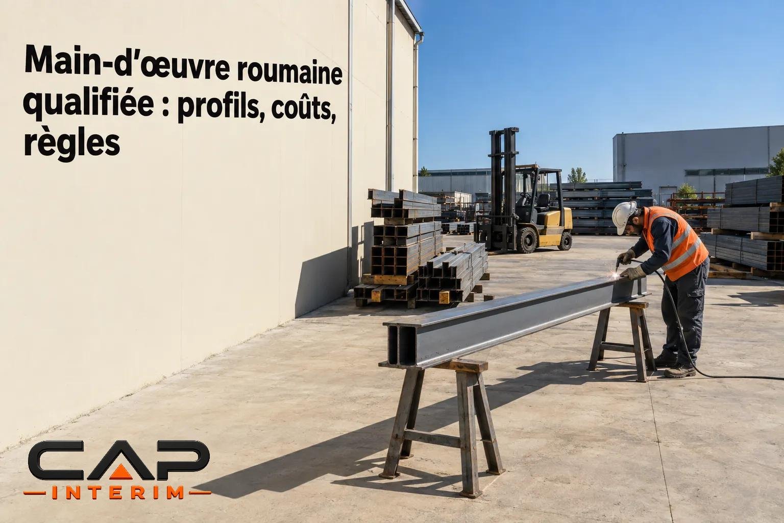 Homme en vêtement de travail et casque orange, droit sur une pièce métallique posée sur des tréteaux dans une zone de
