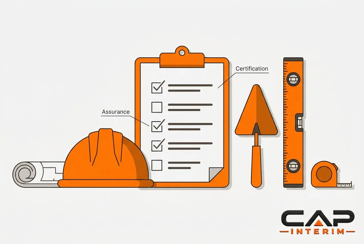 Illustration d’outils de maçon avec casque, planche de contrôle et niveau, représentant l’assurance et la certification pour trouver un maçon rapidement.