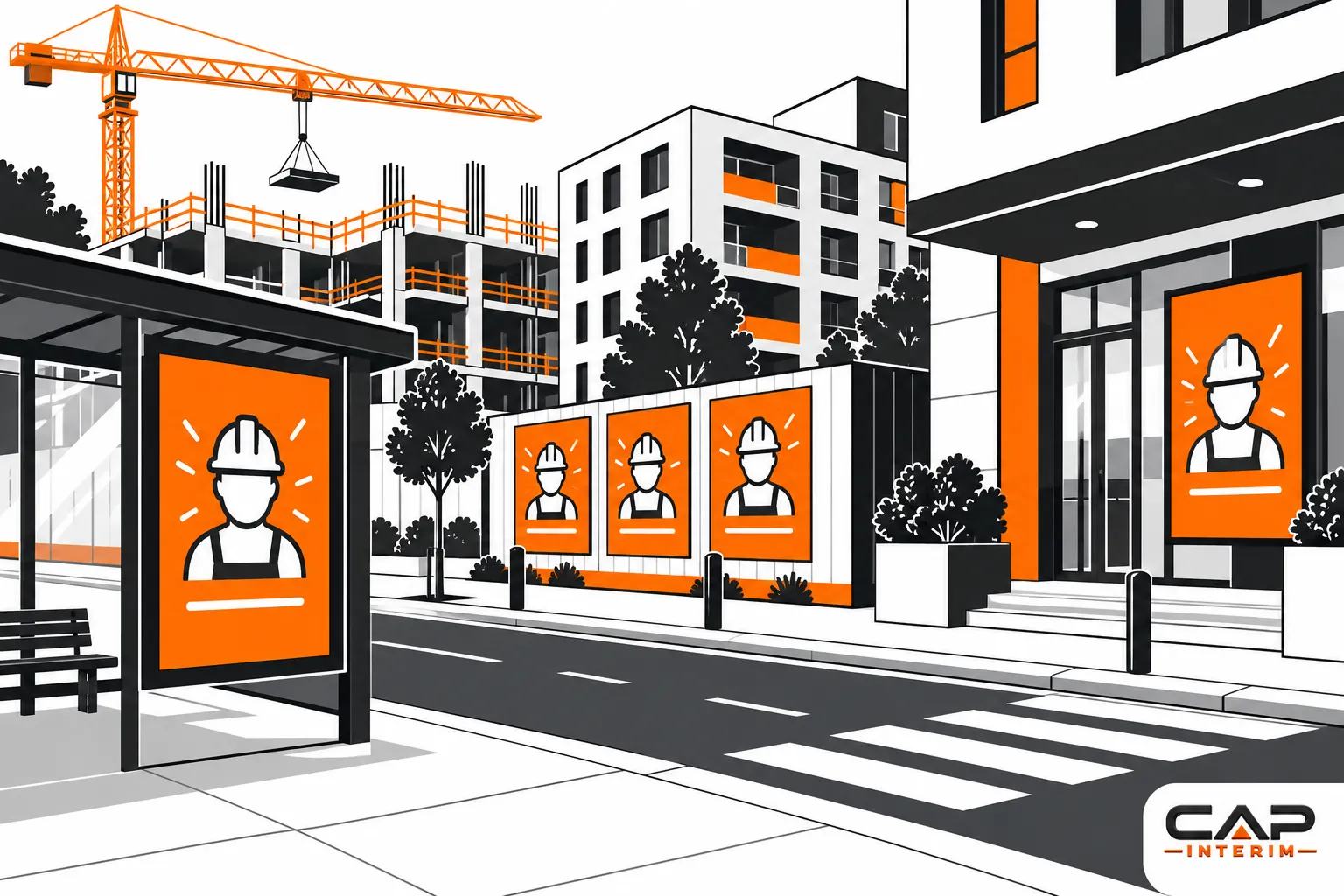 Illustration d’un quartier de construction avec des affiches de travailleurs sur les murs et un chantier avec grue en