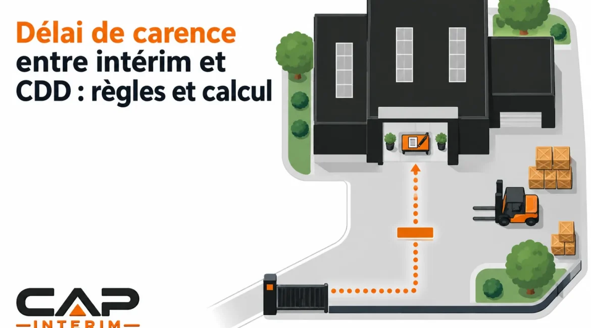 Illustration d’un site industriel avec bâtiment principal, arbres et pallets, montrant une flèche verticale orange reliant